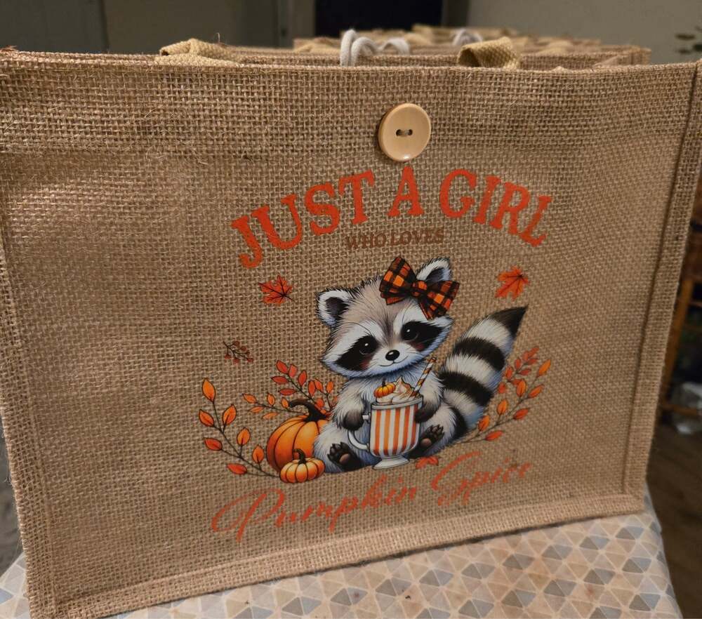 Just A Girl Racoon Pumpkin Jute Bag